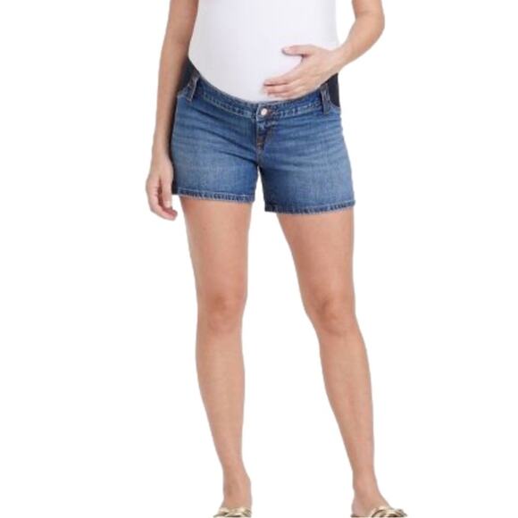Isabel Maternity Side Panels Stretch Pockets Midi Denim Jean Shorts Size 4 NEW - Picture 1 of 11